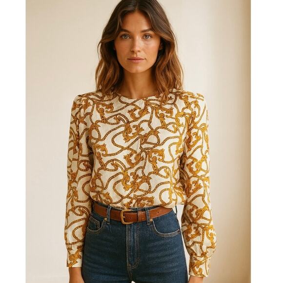 Vintage Satin Equestrian Chain Print Blouse Heritage Preppy Baroque Top Large - Picture 9 of 12